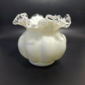 Fenton Milk Glass Melon Vase With Silver Crest Ruffled Edge